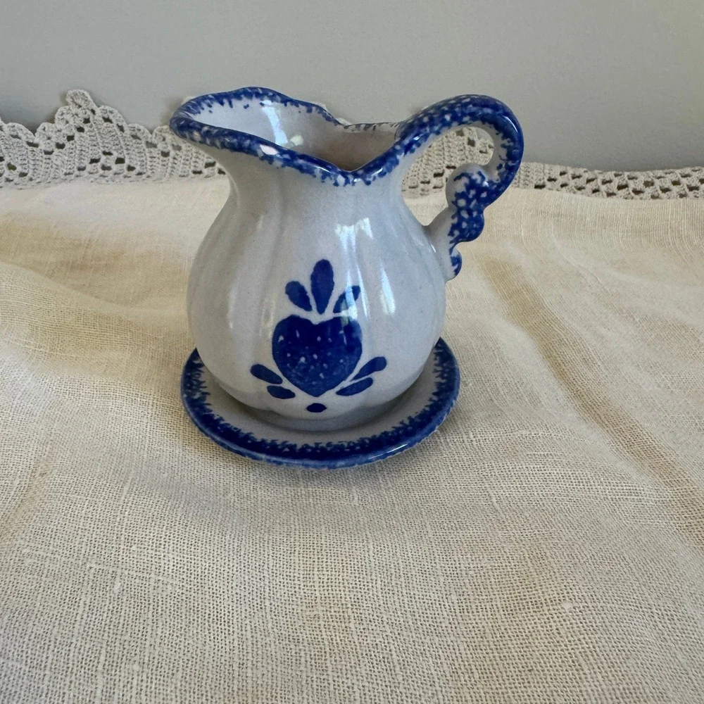 Miniature Blue White Heart Sponge Ware Pitcher and Saucer Set Farmhouse Decor